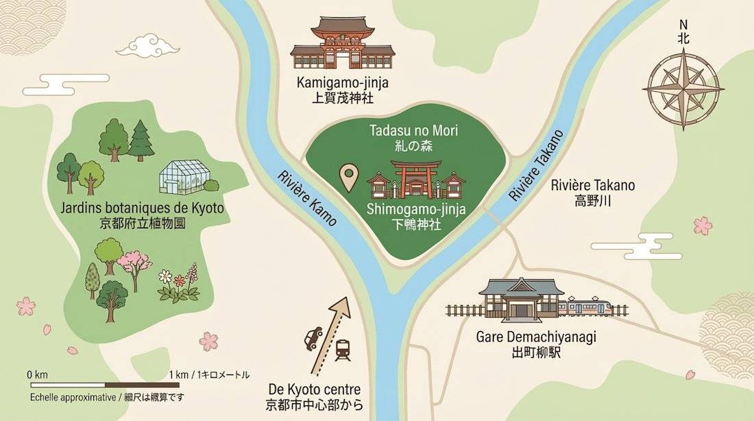 Carte illustrée de Kyoto montrant l'emplacement du sanctuaire Shimogamo-jinja, de la forêt Tadasu no Mori, des jardins botaniques de Kyoto et de la gare Demachiyanagi entre les rivières Kamo et Takano.