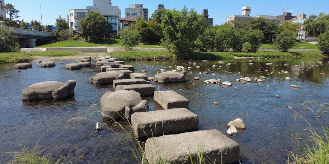 Pierres en forme de tortues géantes sur la rivière Kamo à Kyoto, près du sanctuaire Shimogamo-jinja au Japon.