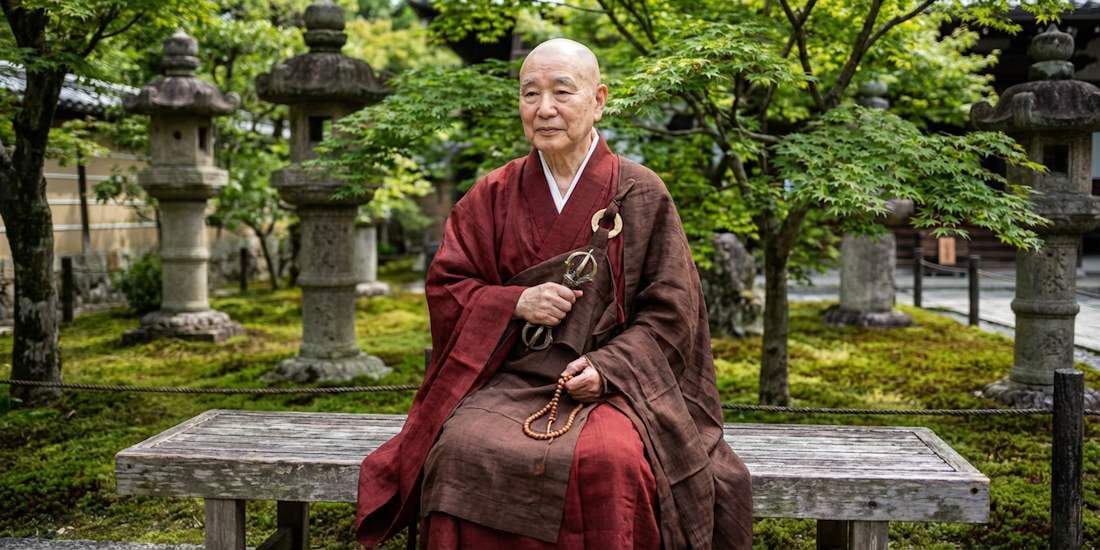 Moine bouddhiste japonais assis dans un jardin de temple, tenant un chapelet et un bâton rituel, dans un cadre paisible et verdoyant