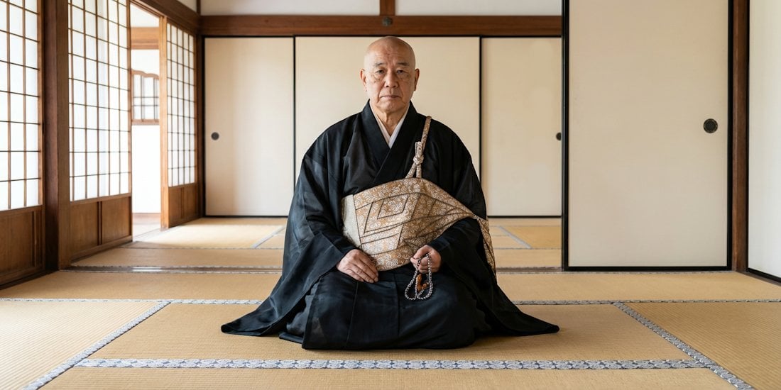 Le moine Nisshin, fondateur du temple Jōjakkō-ji, assis en méditation dans un temple traditionnel à Kyoto.