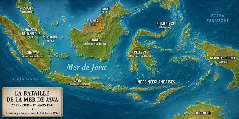 Carte politique de l'Asie du Sud-Est en 1942 montrant la mer de Java et les territoires environnants lors de la bataille de la mer de Java (27 février – 1er mars 1942), avec Java, Bornéo, Sumatra, Célèbes et la Nouvelle-Guinée sous administration néerlandaise, britannique, américaine et australienne.