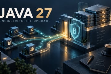 Java 27 upgrade illustration showing modular servers, connected services and a security shield.