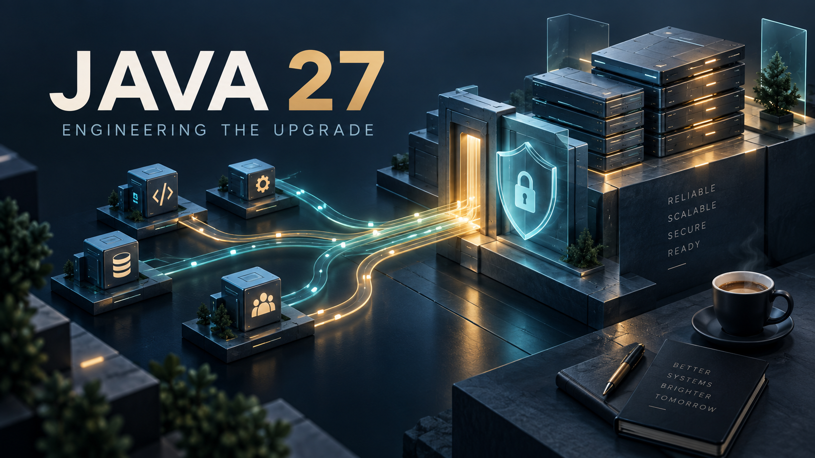 Java 27 upgrade illustration showing modular servers, connected services and a security shield.