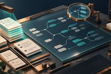 An architectural coding workbench with a copper advisory lens and instruction cards illuminated by a teal audit light.