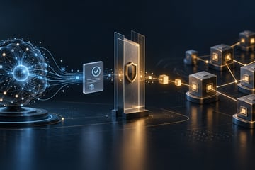 Abstract AI system passing a verified interaction receipt through a policy gateway to a distributed ledger.