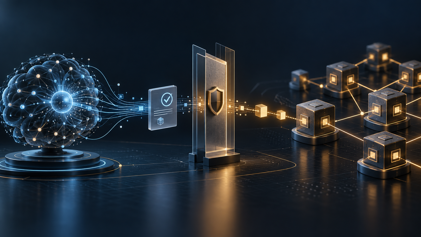 Abstract AI system passing a verified interaction receipt through a policy gateway to a distributed ledger.