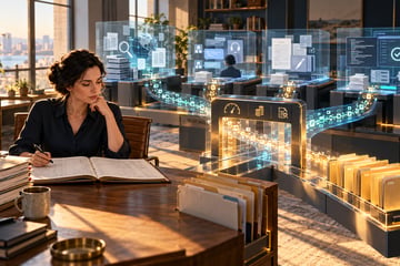 A solo business owner reviews an operating ledger as measured streams of AI work become completed folders, with unresolved work held for review.