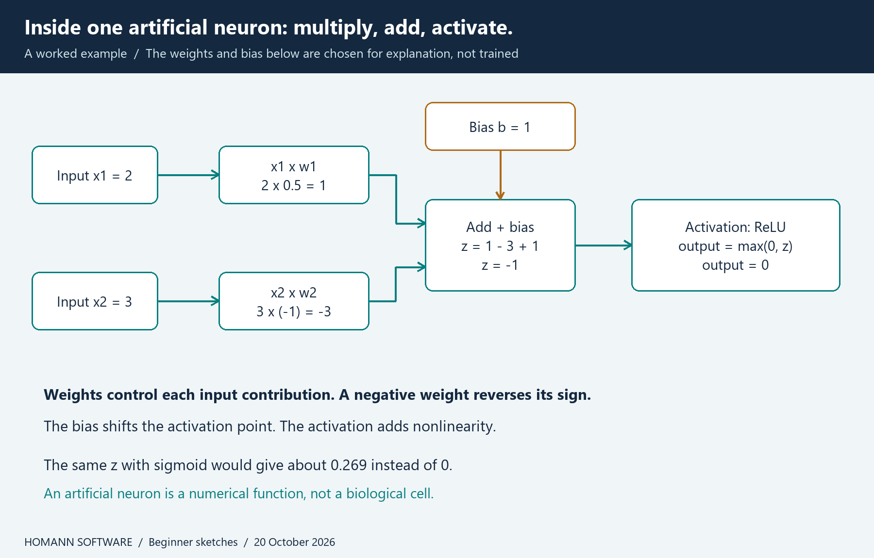 Worked artificial neuron: inputs 2 and 3 are multiplied by weights 0.5 and minus 1, summed with bias 1 to give minus 1, then passed through ReLU to produce 0.