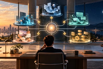 A solo founder oversees five connected computational workstations through a central orchestration hub, with daylight and night visible beyond the windows.
