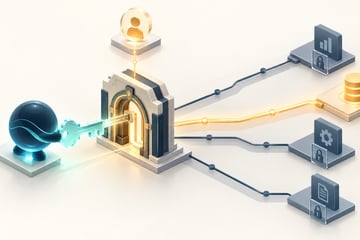 An AI agent carries a limited permission key through an authorization gateway to one permitted business operation.