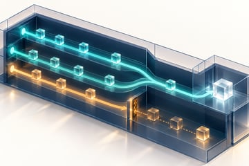 Three parallel task paths inside one glass enclosure; two converge while an amber path is interrupted and awaits completion.