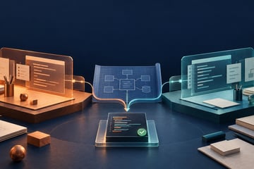 Copper and teal AI workbenches converge on a shared software blueprint and a verified code artefact.