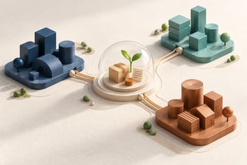 Architectural illustration of separate business areas connected to a protected order model, with a small green sprout.