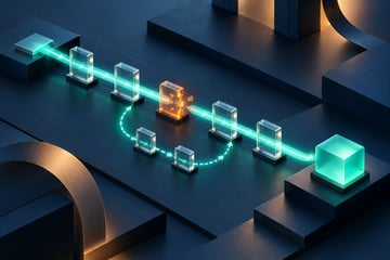 A teal route through glass checkpoints reconnects around an amber interruption and reaches one solid receipt block.
