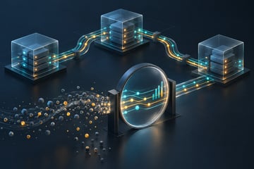Glass service blocks linked by telemetry paths, with an inspection gate revealing traces and metric bars.