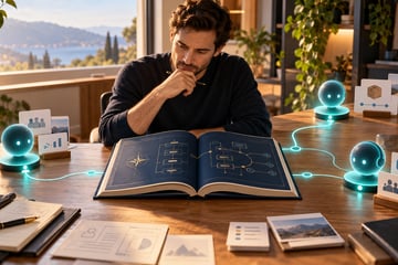 A solo software architect studies an open business manual while three small teal AI helpers support the surrounding process work.