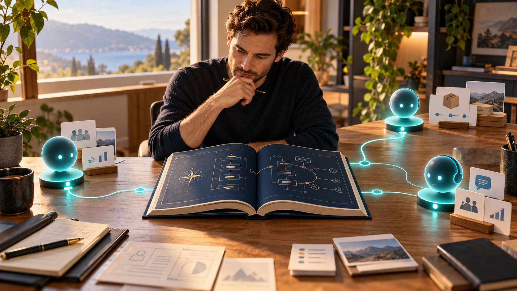 A solo software architect studies an open business manual while three small teal AI helpers support the surrounding process work.