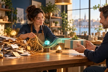 A business owner untangles a difficult workflow with small AI helpers and delivers a useful package to a customer.