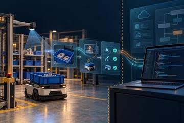 AI-generated conceptual warehouse robot with a parts bin, observation and checking layers, and a Java laptop; not a product photograph.