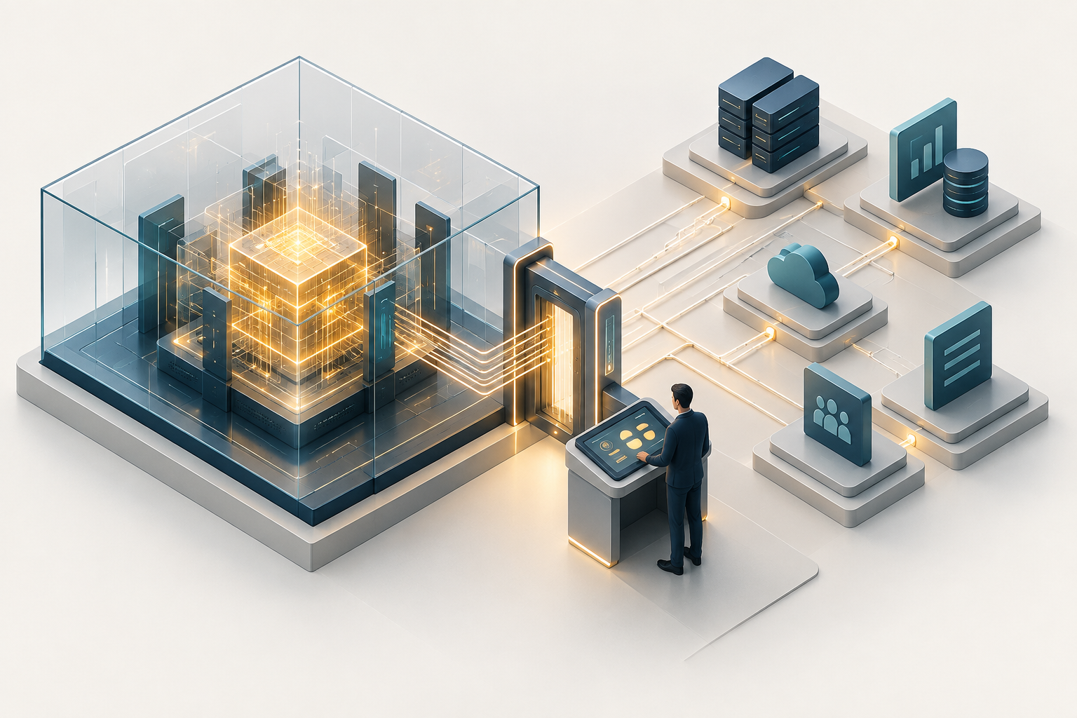 Conceptual illustration of an AI processing core connected to enterprise systems through a controlled gateway.