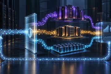 Abstract enterprise AI architecture routing work through a policy gateway to three model tiers and an evaluation loop.