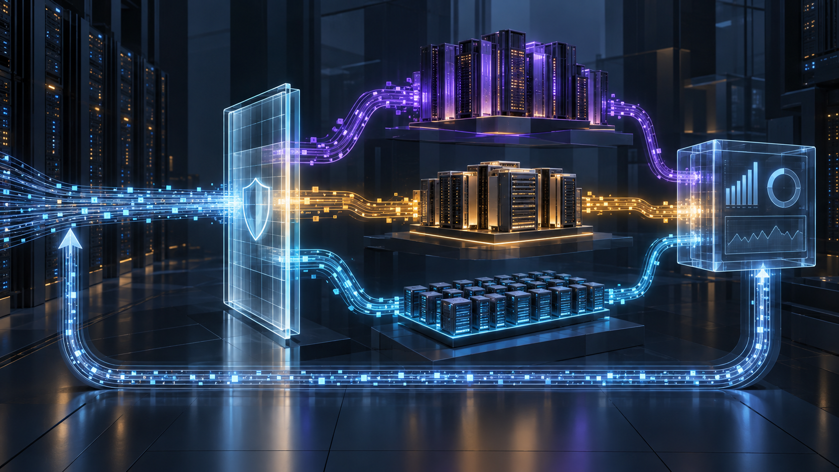 Abstract enterprise AI architecture routing work through a policy gateway to three model tiers and an evaluation loop.