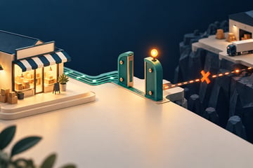 An illuminated online shop remains available while an open circuit gate isolates an unavailable shipping depot.