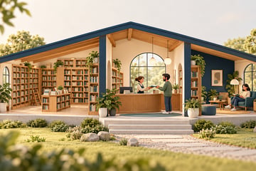 Illustrated library with bookshelves, a borrowing desk and a reading corner under one shared roof.