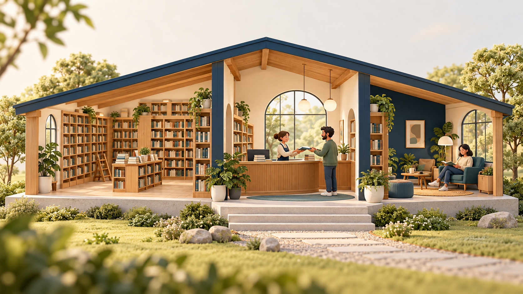 Illustrated library with bookshelves, a borrowing desk and a reading corner under one shared roof.