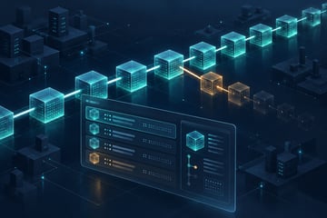 Teal canonical blockchain with an amber orphan branch and a translucent explorer data panel.