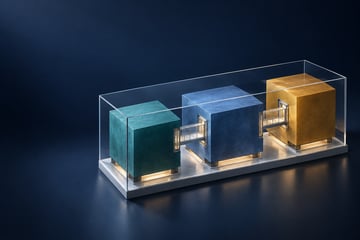 Three distinct architectural blocks connected through interfaces inside one transparent deployment boundary.
