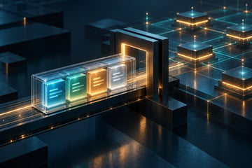 Four transaction tiles travel together through a gate toward a distributed ledger.