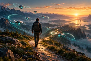 A lone entrepreneur walks toward a sunrise along a mountain path, accompanied by seven luminous drones symbolizing supportive AI guardian angels.
