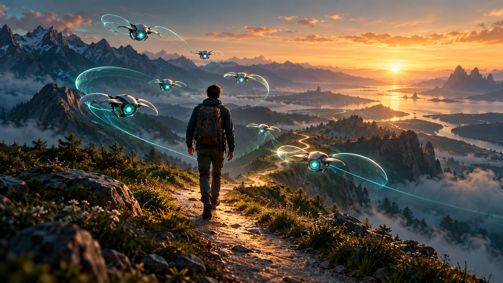 A solo entrepreneur walks toward the sunrise, accompanied by a swarm of luminous drones representing supportive AI guardian angels