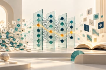 Conceptual illustration of data flowing through a layered neural network into language and an open book.