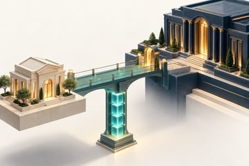 Conceptual bridge between a customer account and a sponsor treasury, supported by persistent ledger blocks.