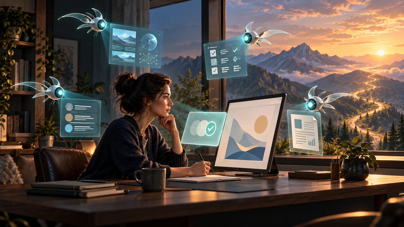 A solo entrepreneur considers a decision at her desk while four luminous AI guardian drones organize research, delivery checks, customer information and business documents