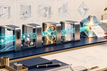 A teal information ribbon passes through four modular inspection gates before an AI prism produces a draft for human review.