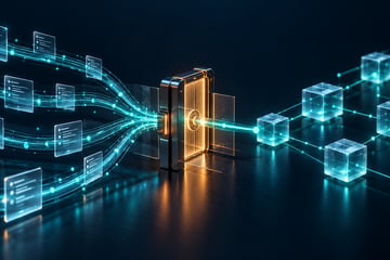 AI proposal paths pass through an authorization gate toward an abstract distributed ledger.