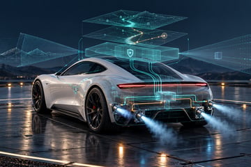AI-generated conceptual electric sports car with cold-gas plumes and abstract software control layers; not an authentic Tesla photograph.
