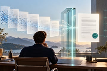 A solo founder reviews a final document as AI draft streams pass through a glass verification gate and connect to an evidence trail.