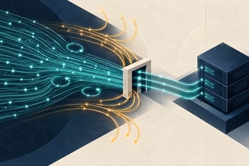 Many request paths approach a gateway that admits three calls to a server and diverts excess demand.