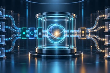 Conceptual illustration of an AI reasoning core connected to enterprise systems through a controlled runtime harness.