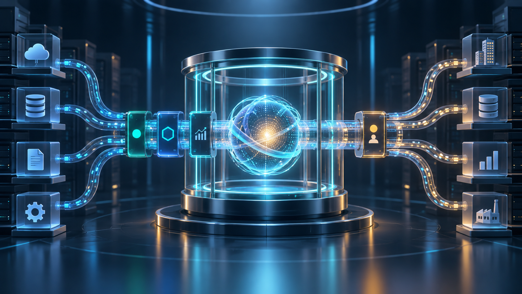 Conceptual illustration of an AI reasoning core connected to enterprise systems through a controlled runtime harness.
