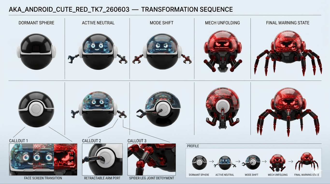 API android transformation sequence from dormant sphere to red spider, with construction callouts