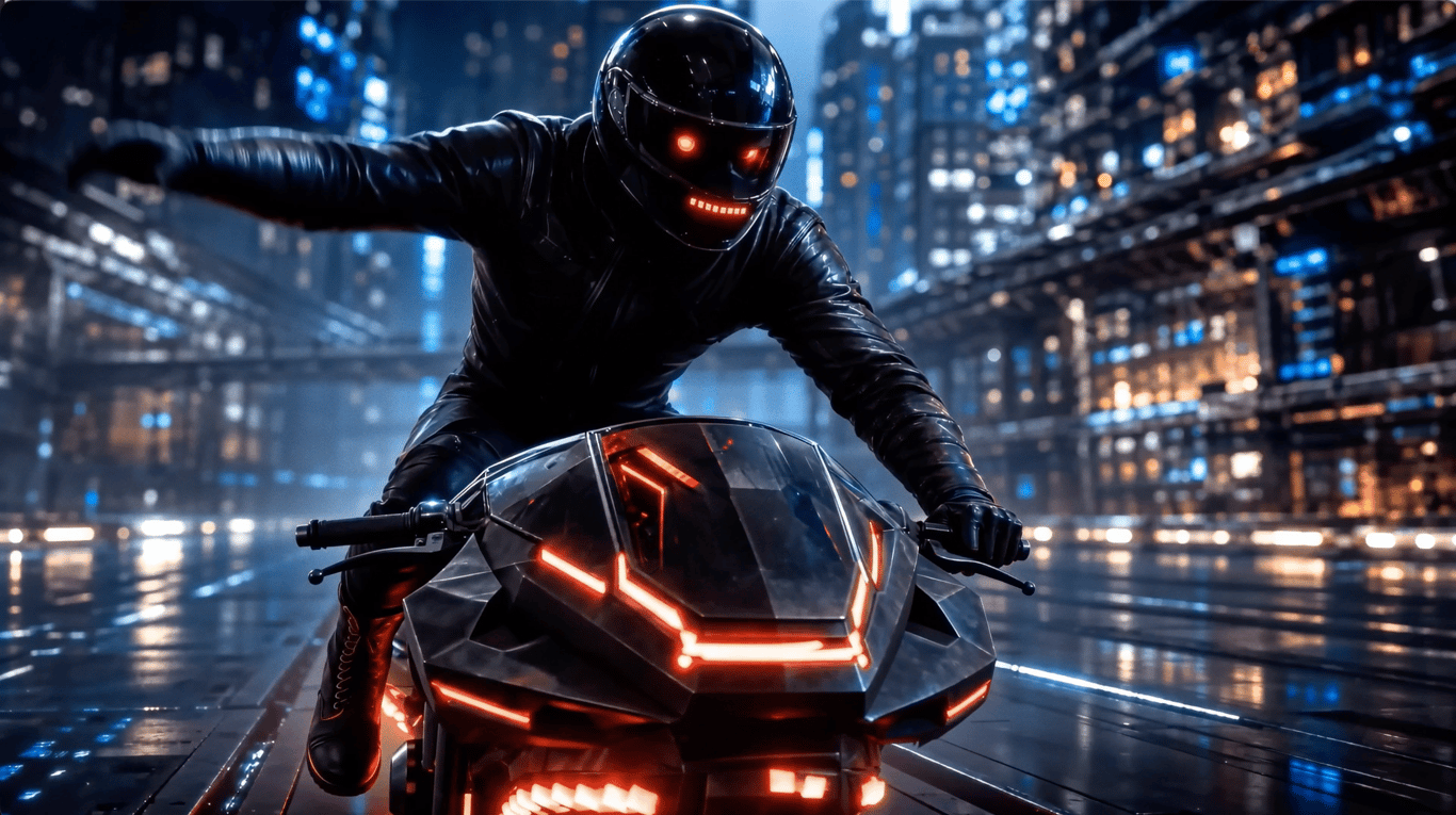 The attacker riding a hover bike with his hovercraft swarm