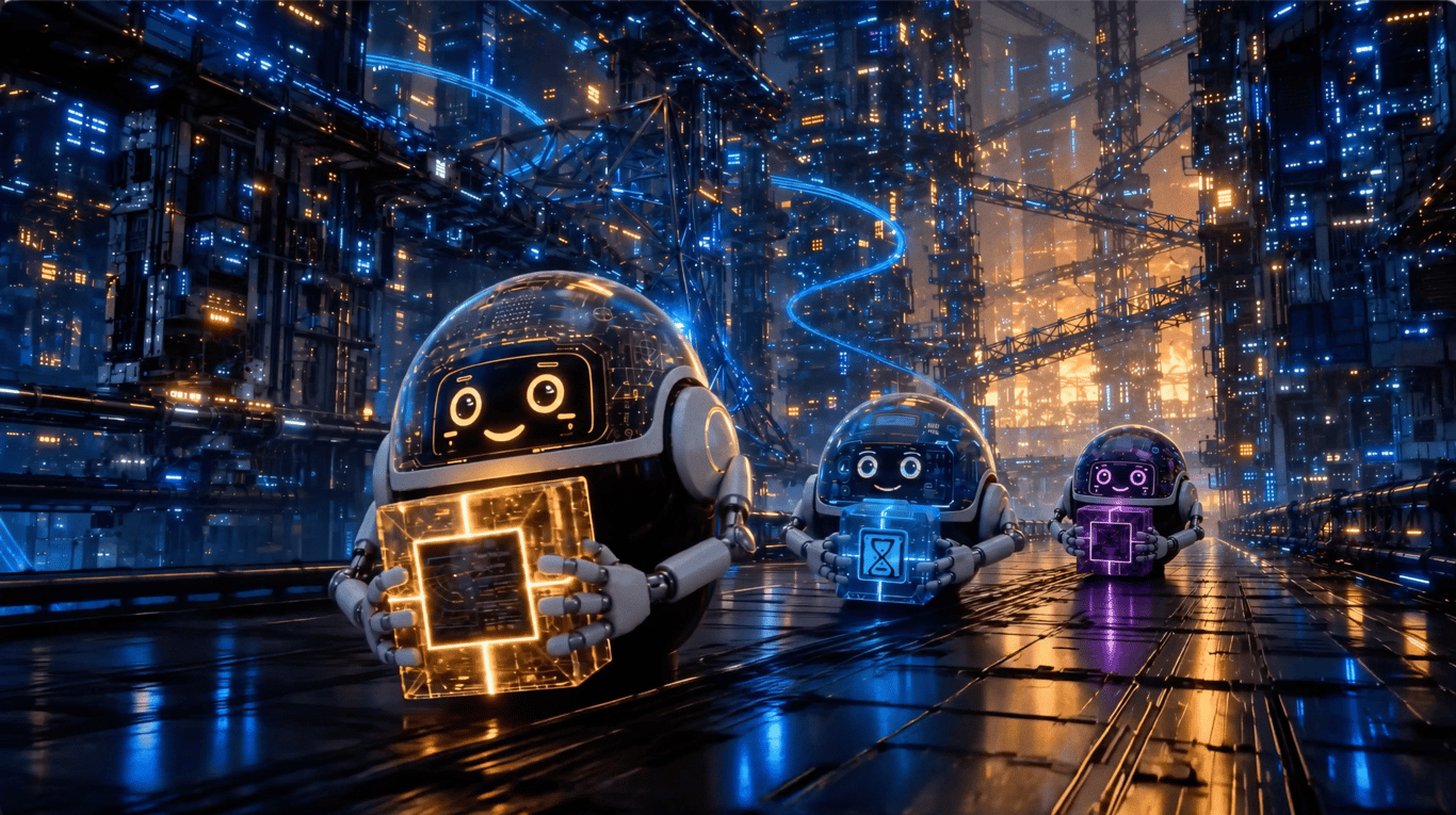 Three API androids carrying glowing data packets along a skyway