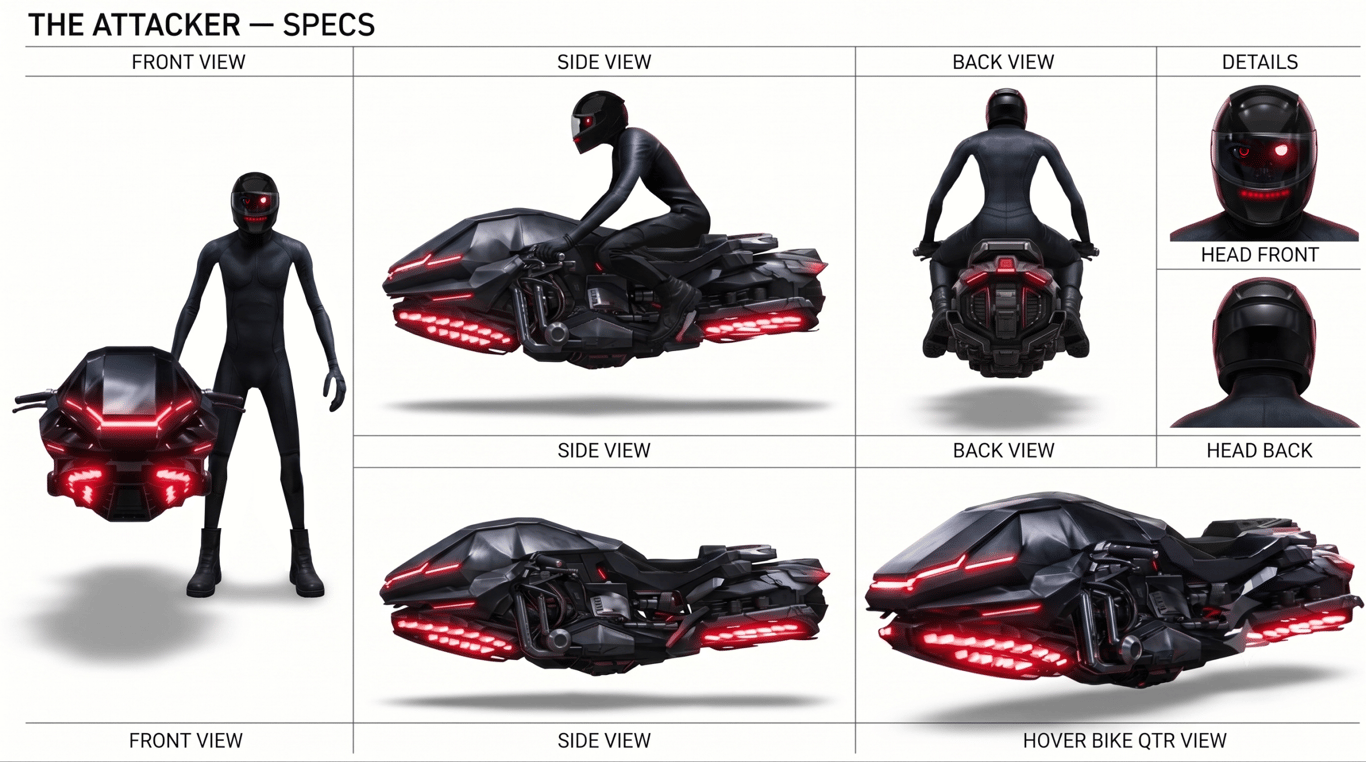 The attacker specification sheet: front, side, back, helmet details, and hover bike at matching scale