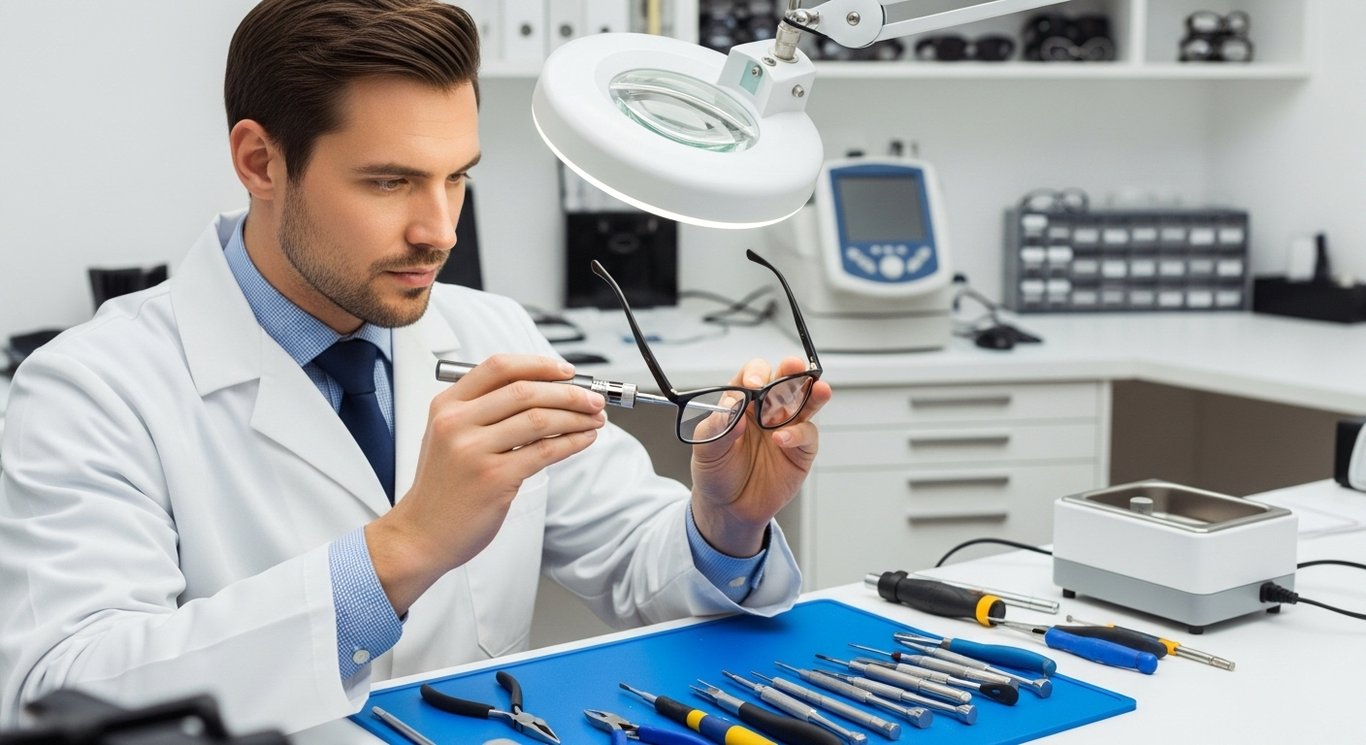 Prescription eyeglasses held beside optical lens-checking equipment