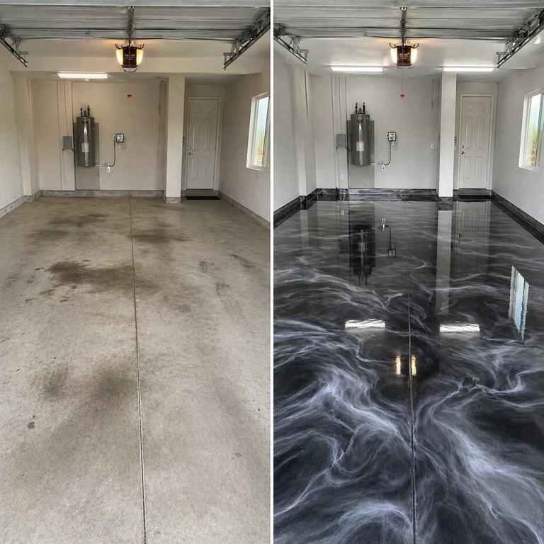 Before and after metallic epoxy garage floor installation in Phoenix by Modern Painters, showcase finish with dimensional metallic pigment